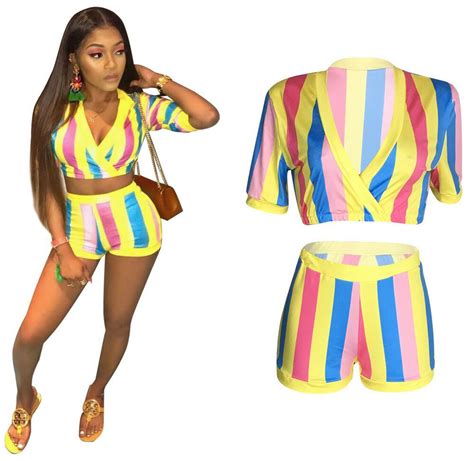2 piece sets women summer rainbow stripe tracksuit crop top shorts 2019 playsuit efa2z