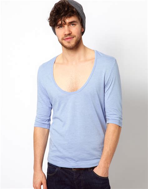 Asos Three Quarter Sleeve T Shirt With Deep Scoop Neck In Blue For Men