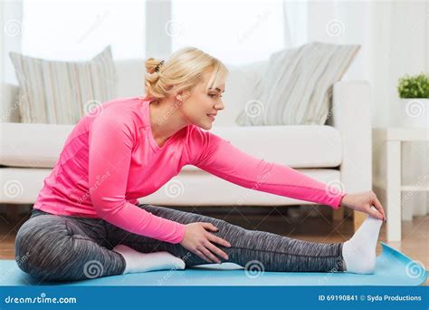 Happy Woman Stretching Leg On Mat At Home Stock Image Image Of Home Room 69190841