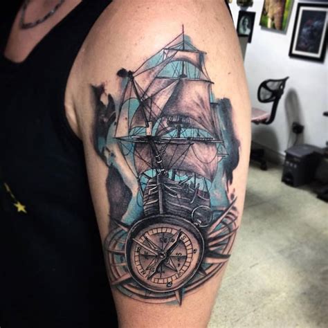 Grey Ink Nautical Compass And Ship Tattoo On Left Half Sleeve