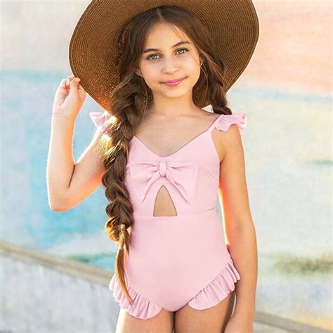 2018 Summer Baby Girls Swimwear Kids Swimsuit Solid Color Bowknot Cute