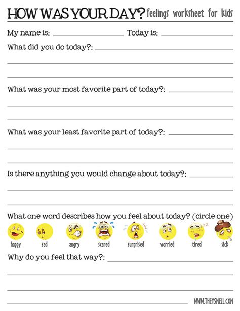 Looking for resources to help teach kids english? How Was Your Day? Feelings Worksheet For Kids | Therapy worksheets, Counseling kids, Emotions ...
