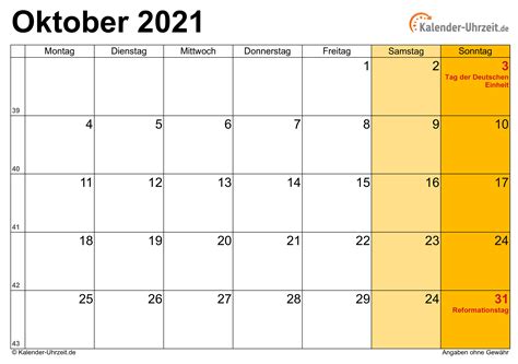 Oktober 2021 Kalender Mit Feiertagen