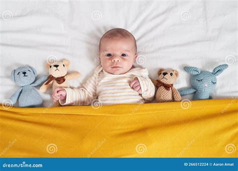 Adorable Caucasian Baby Lying On Bed With Dolls At Bedroom Stock Photo