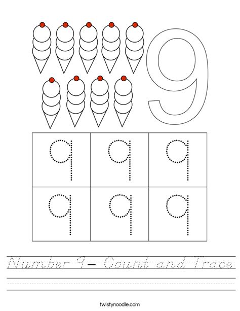Number 9 Count And Trace Worksheet Dnealian Twisty Noodle