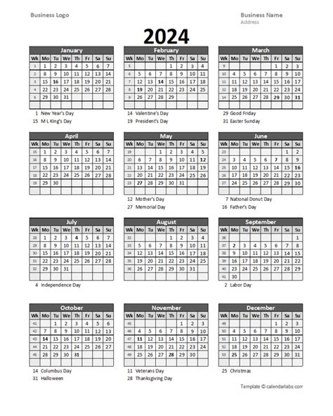 2024 Yearly Business Calendar With Week Number Free Printable Templates