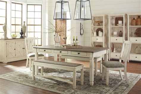 Square farmhouse table, rustic farmhouse table, dining set with stools, table with short benches, provincial brown top gray white wash base. Ashley Signature Bolanburg D647-25