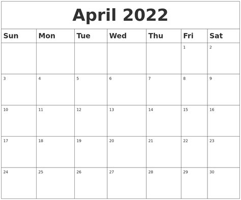 April 2022 Blank Calendar