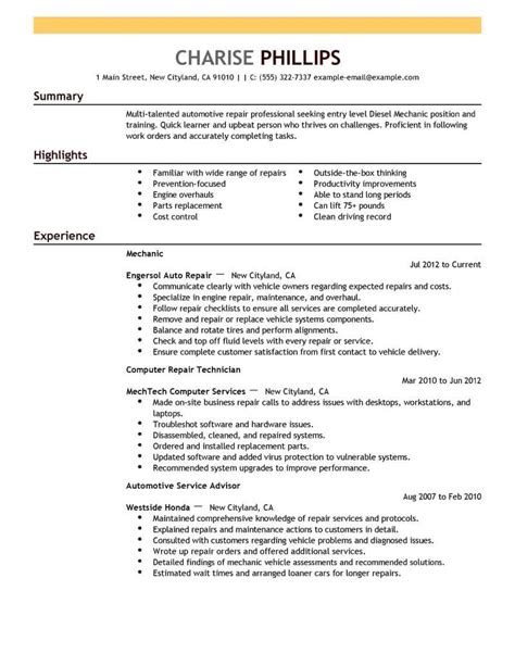 Best Entry Level Mechanic Resume Example From Professional Resume