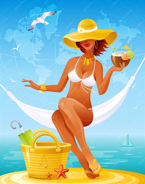 Premium Vector Beach Girl Summer Sexy Woman In Straw Hat Sitting In Hammock With Cocktail