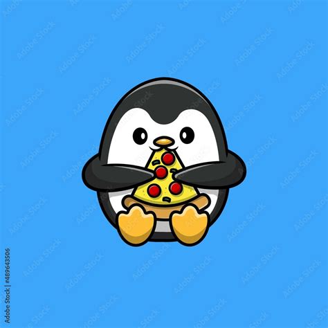 Cute Penguin Eat Pizza Cartoon Vector Icon Illustration Animal Food