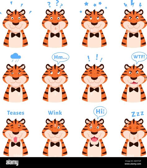 Dibujos Animados Lindo Tigres Conjunto Con Expresiones Faciales Imagen