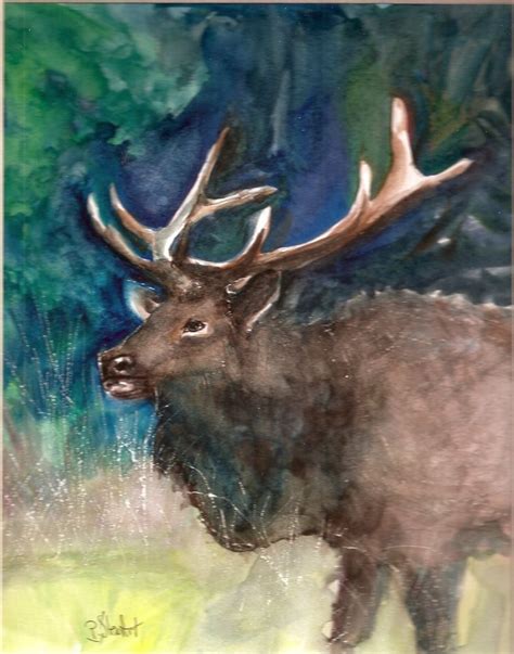 Bull Elk Watercolor Forest Trees Animal Portrait 8x10 Painting Penny