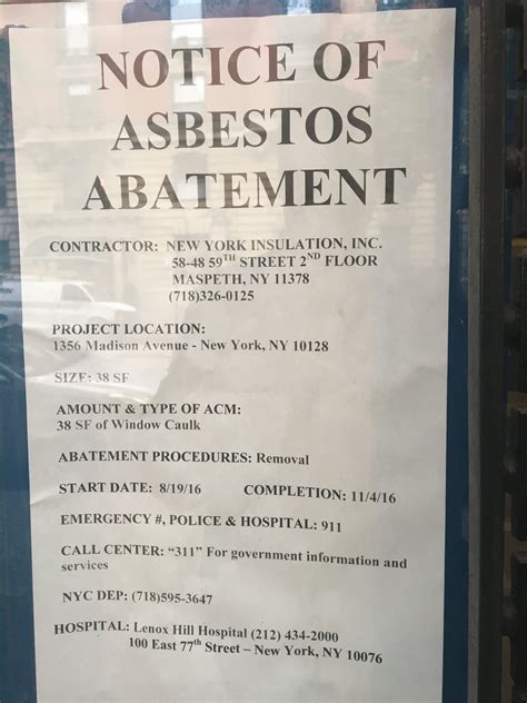 Asbesto Abatement Notice Close Up 425 East 86th Street New York Ny 10028