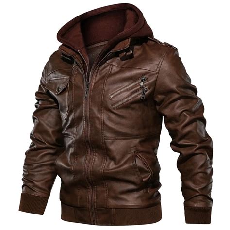 Mens Faux Leather Jackets Autumn Winter Casual Hooded