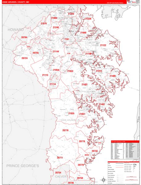 Anne Arundel County Md Zip Code Wall Map Red Line Style By Marketmaps