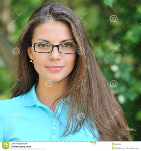 Young Beautiful Woman Wearing Glasses Closeup Stock