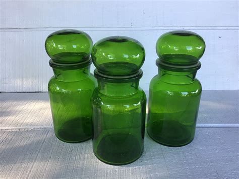 Set Of 3 Vintage Emerald Green Jar Bubble Lid Vintage Glass Etsy Vintage Green Glass Glass