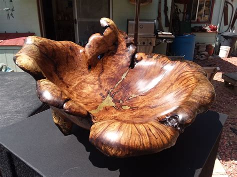 Hand Carved Hand Rubbed Burl Bowl With Brass Inlay And Bluestain