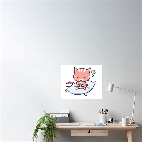 Póster Coffee Time Lindo Y Kawaii Chibi Orange Tabby Cat Art