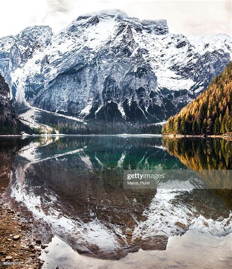Mountain Over The Lake Of Braies Reflection High Res Stock Photo