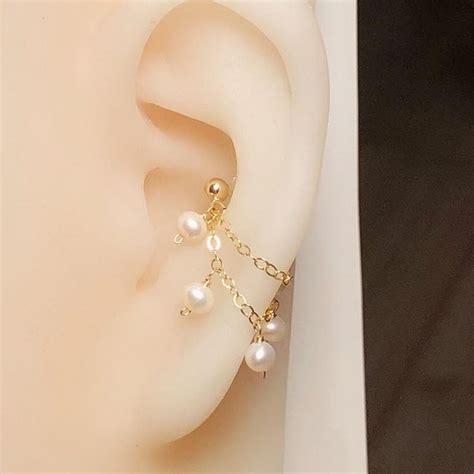 14k Gold Filled Double Chains Freshwater Pearls Earring Conch
