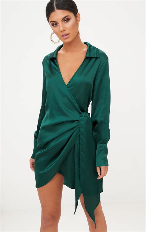 Emerald Green Satin Deep Cuff Wrap Front Shift Dress Prettylittlething