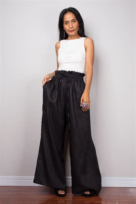 Black Linen Trousers Handmade Long Wide Leg Palazzo Pants Etsy In