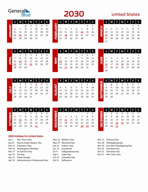 2030 United States Calendar With Holidays