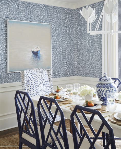 Blue And White Dining Room With Chandelier Dining Room Wallpaper