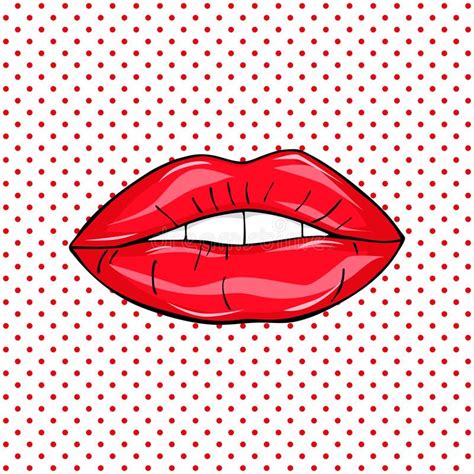 Sweet Pop Art Pair Of Glossy Vector Lips Open Wet Red Lips With Teeth