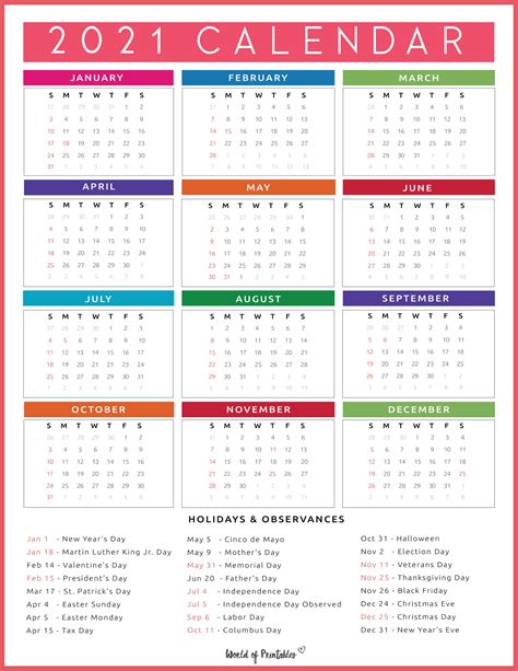 Free Printable One Page 2021 Calendar With Holidays World Of Printables