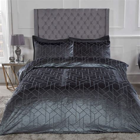 Sleepdown Geometric Crushed Velvet Abstract Charcoal Grey Luxury Soft