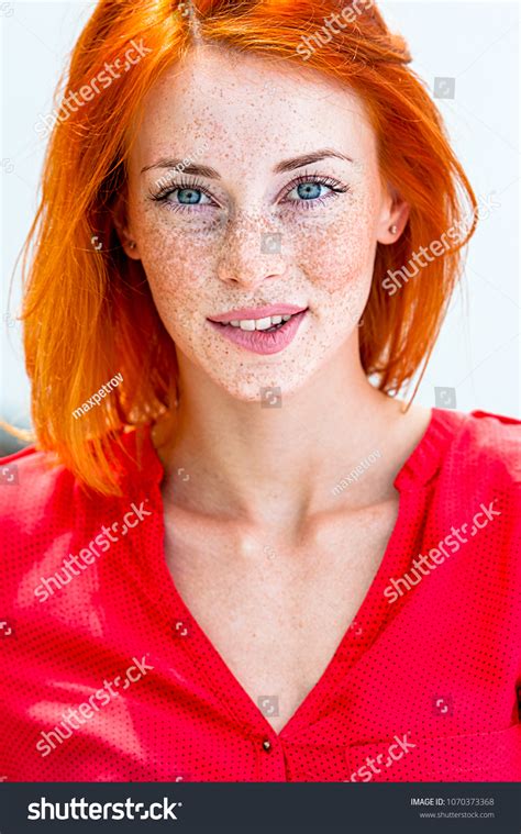 Beautiful Redhead Freckled Woman Smiling Seductive Stock Photo