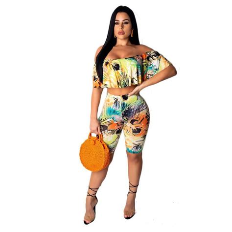 Hot Sale Women Off Shoulder Cropped Top Tight Shorts Two Piece Floral Set 7i23mt653 Size S