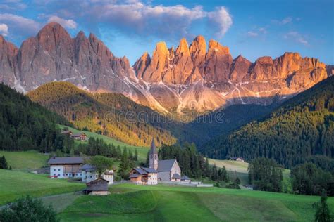 St Magdalena With Famous Church In Val Di Funes At Sunset Dolomites