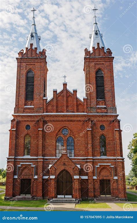 Red Brick Church With Two Towers In Lithuania Stock Image Image Of