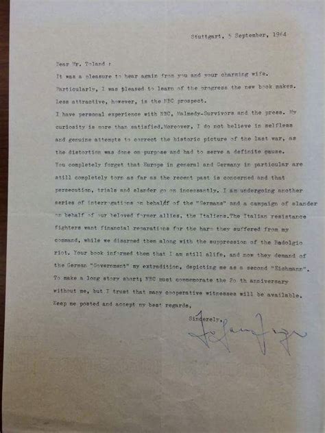 A Letter From Jochen Peiper To John Toland September 5th 1964