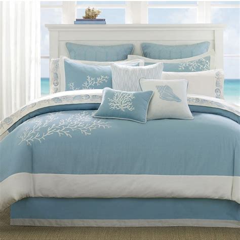 Luxury 4pc Blue Seaside Coral Motif Cotton Comforter And Decorative