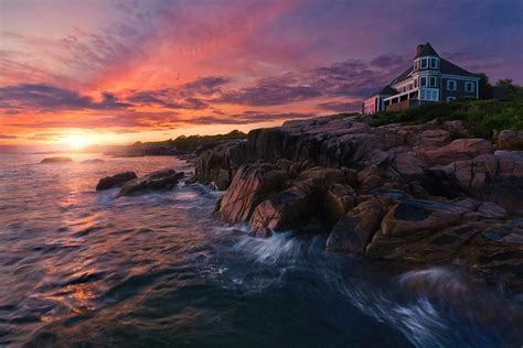 Coast Maine Rock House Sunrise Sea Nature Landscape Wallpapers