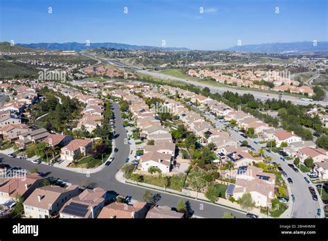 Aerial View Above Canyon Country Sprawl Rows Of Homes North Of Los