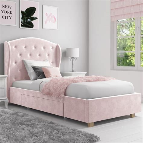 Safina Wing Back Single Bed In Baby Pink Velvet With Underbed Drawer