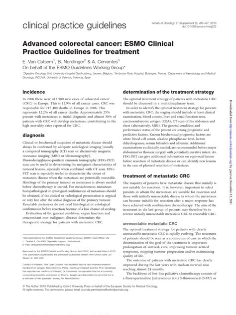 Advanced Colorectal Cancer Esmo Clinical Practice Guidelines For