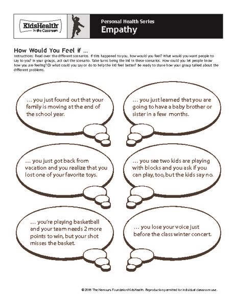 Personal Health Series Empathy Worksheet For 4th 6th