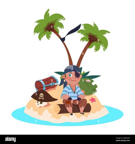 Boy Pirate Sits On Treasure Island Cartoon Character Vector