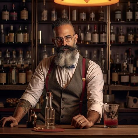 Premium Ai Image A Man With A Beard Stands Behind A Bar With A Bottle