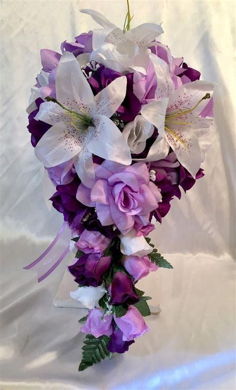 details about 21 piece silk flower wedding bridal bouquet package purple lavender tiger lily