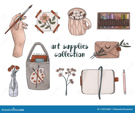 Art Supplies Collection Hand Drawn Illustrations On White Isolated