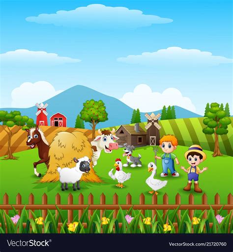 Cartoon Little Farmers With Animals At The Farm Vector Image Farm