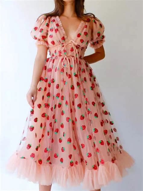 Womens Strawberry Dress Sweet Mesh Sexy V Neck Puff Sleeve Maxi Dress